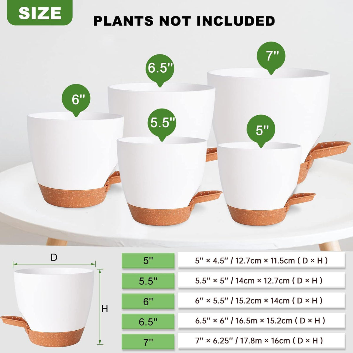 Plant Pots Indoor Set of 5 Self Watering Planters for Indoor Plants with Drainage Hole, Plastic Flower Pots for Succulents (Green)
