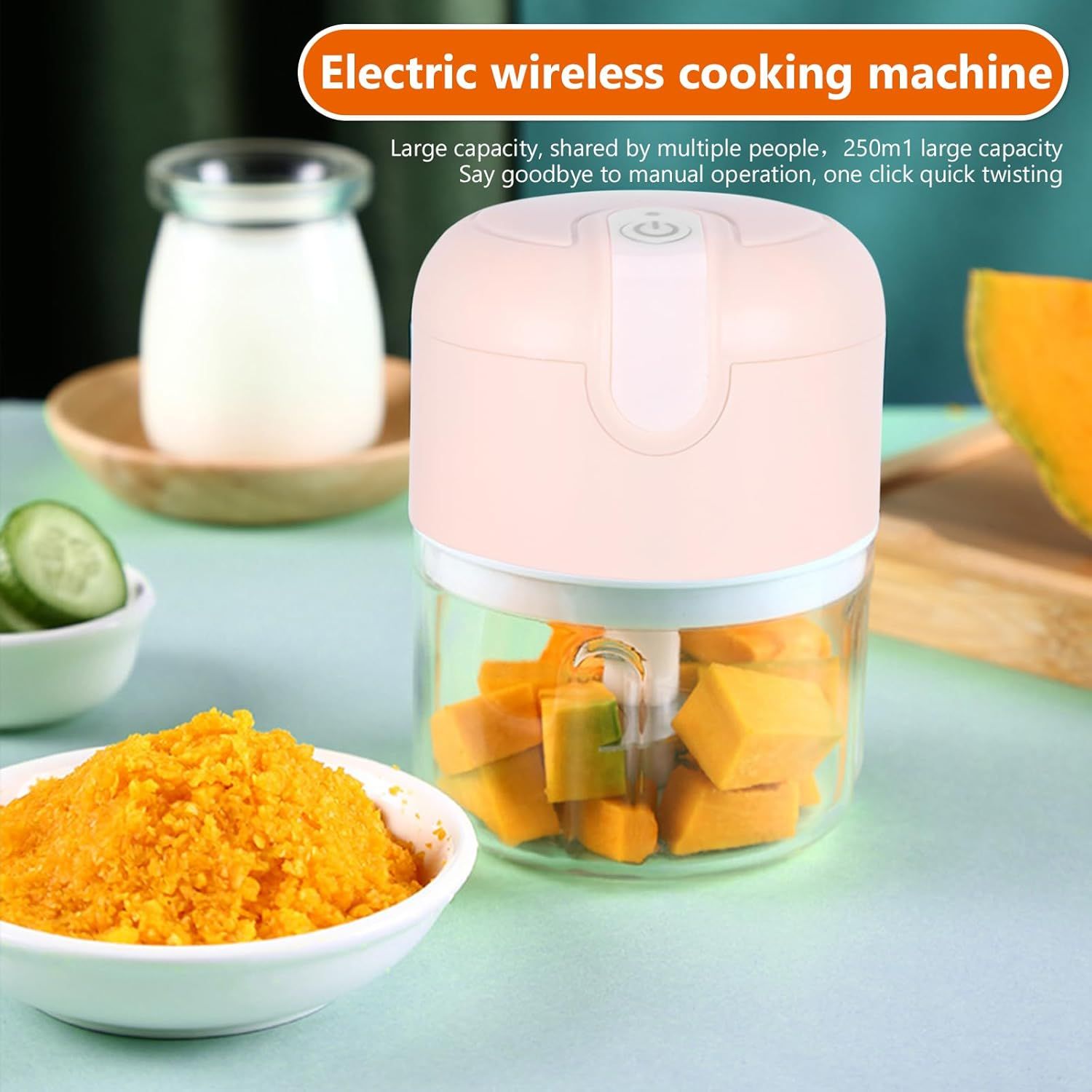 Electric Food Chopper, Mini Garlic Chopper 250ml Kitchen Food Processor and Blender USB Charging Wireless Electric Garlic Chopper, Pink