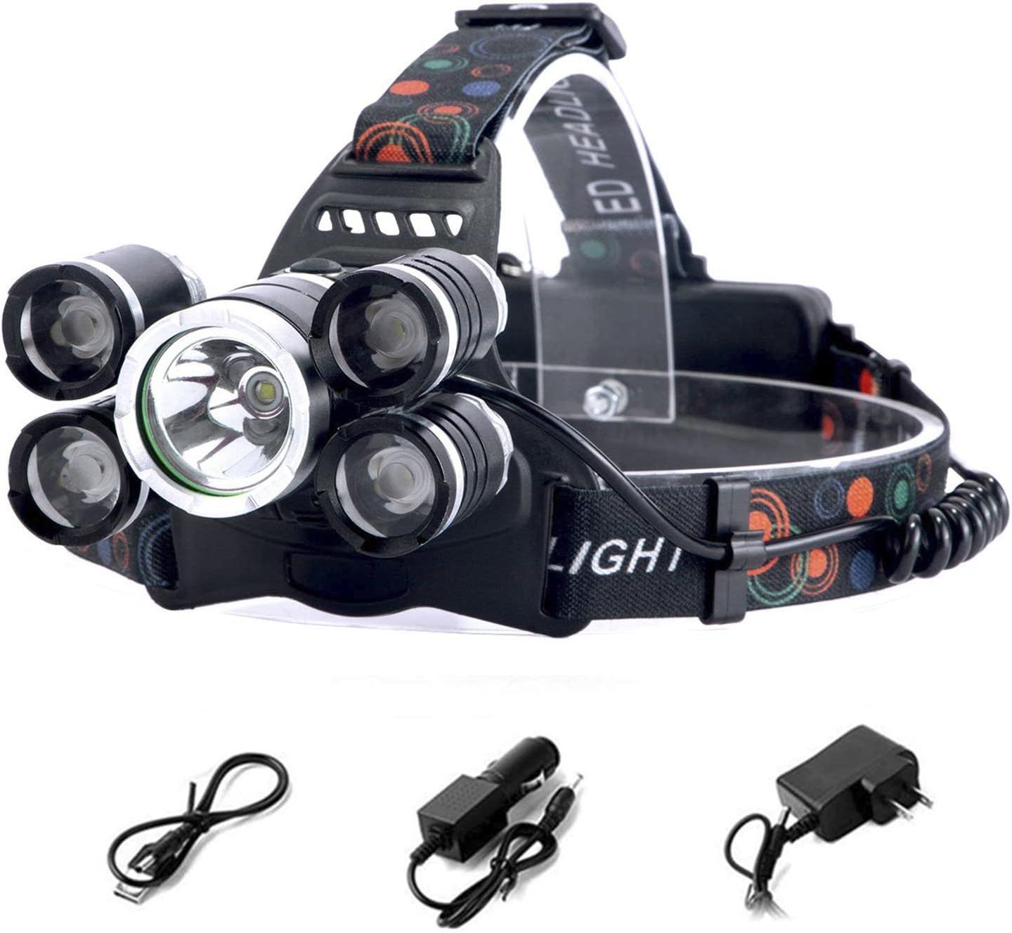LED Headlamp Flashlight, 4 Modes Adjustable Zoomable Focusing Headlight, Ultra Bright 5 Head Light with Rechargeable Batteries, IPX-5 Waterproof for Night Camping Fishing
