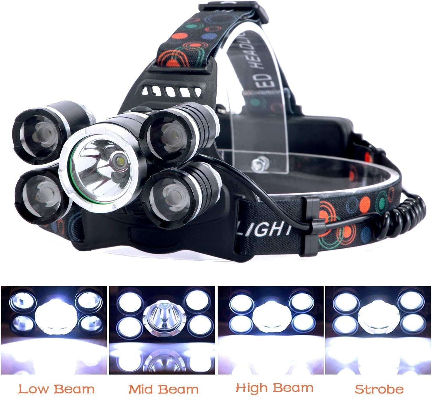 LED Headlamp Flashlight, 4 Modes Adjustable Zoomable Focusing Headlight, Ultra Bright 5 Head Light with Rechargeable Batteries, IPX-5 Waterproof for Night Camping Fishing