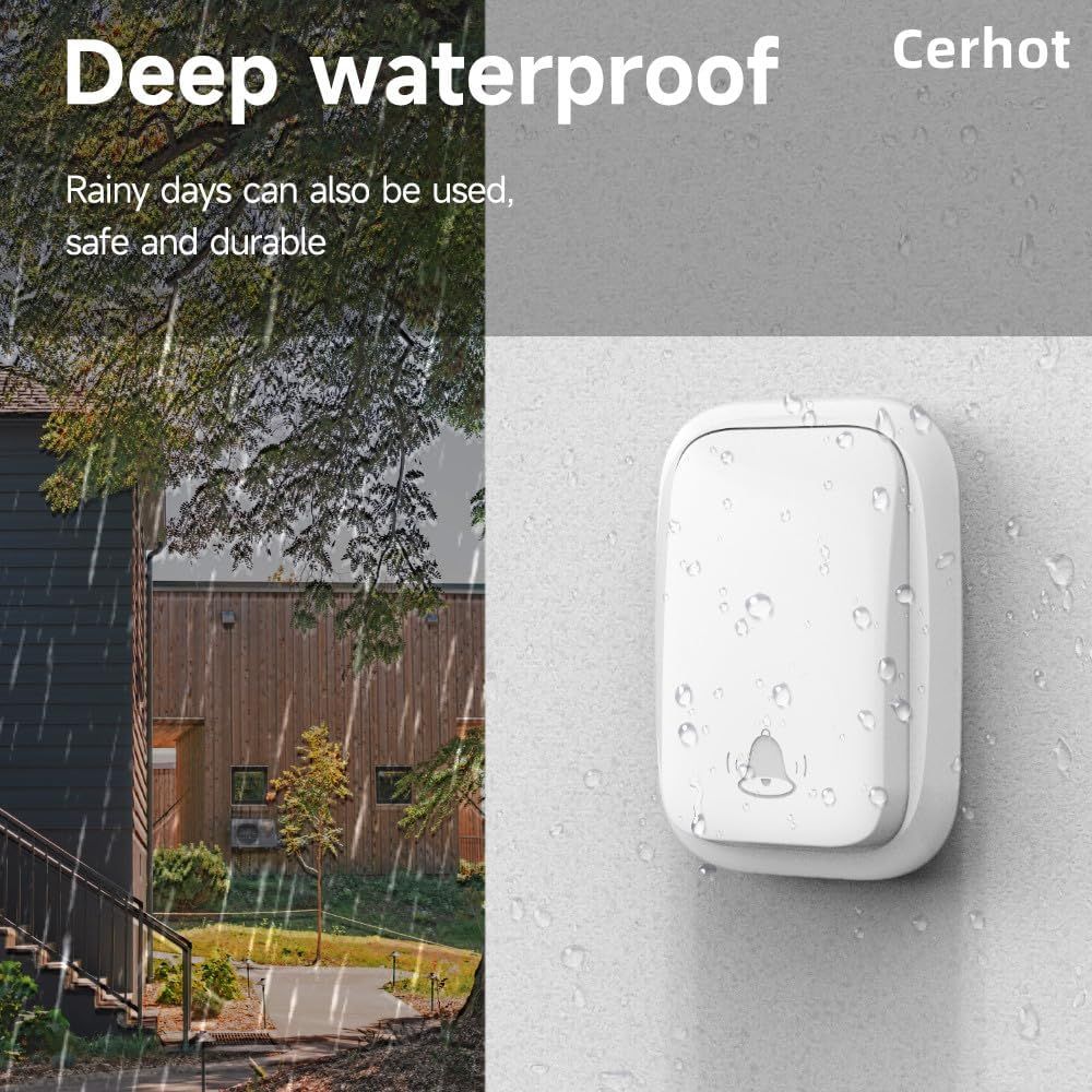 US Plug Self Powered Wireless Doorbell No Battery 100M Distance 38 Songs Door bell Button Outdoor Doorbell Wireless Waterproof for Home School Office (US White 1V1 A)