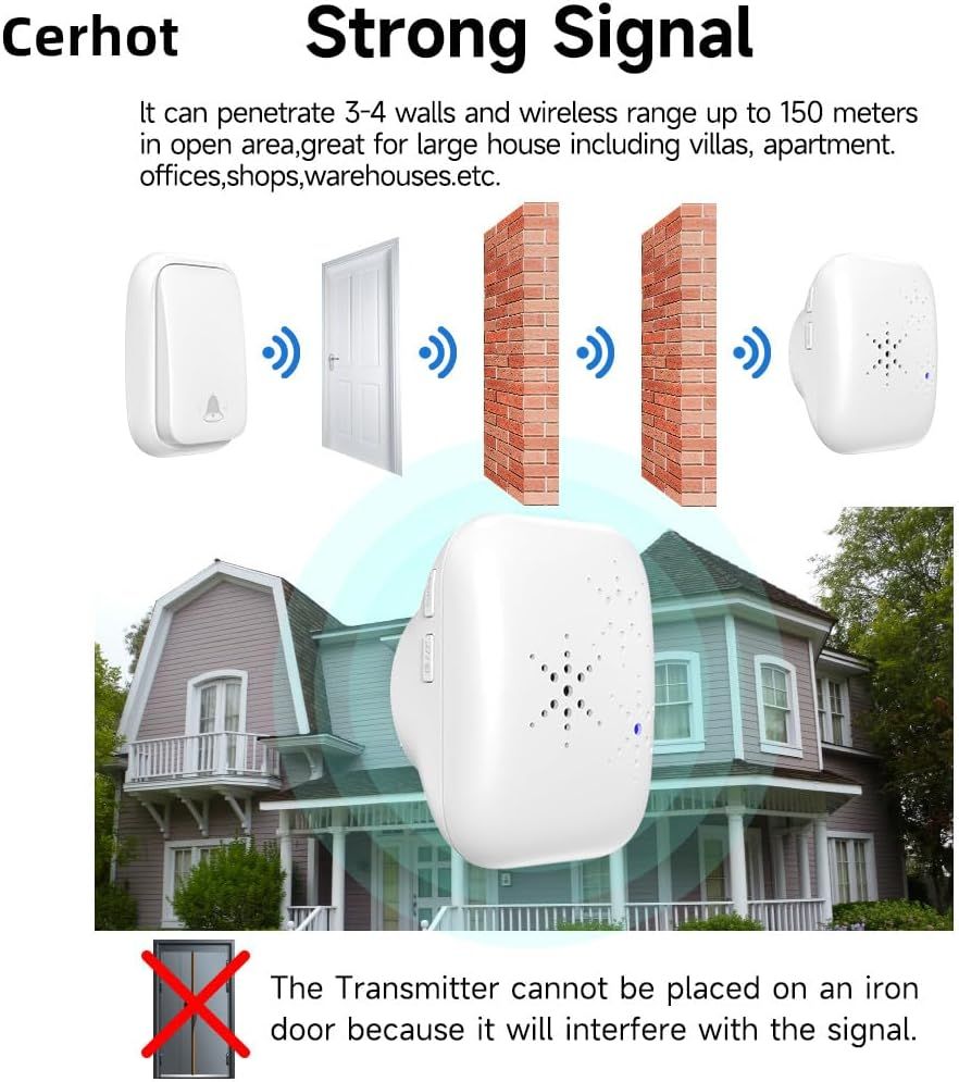 US Plug Self Powered Wireless Doorbell No Battery 100M Distance 38 Songs Door bell Button Outdoor Doorbell Wireless Waterproof for Home School Office (US White 1V1 A)