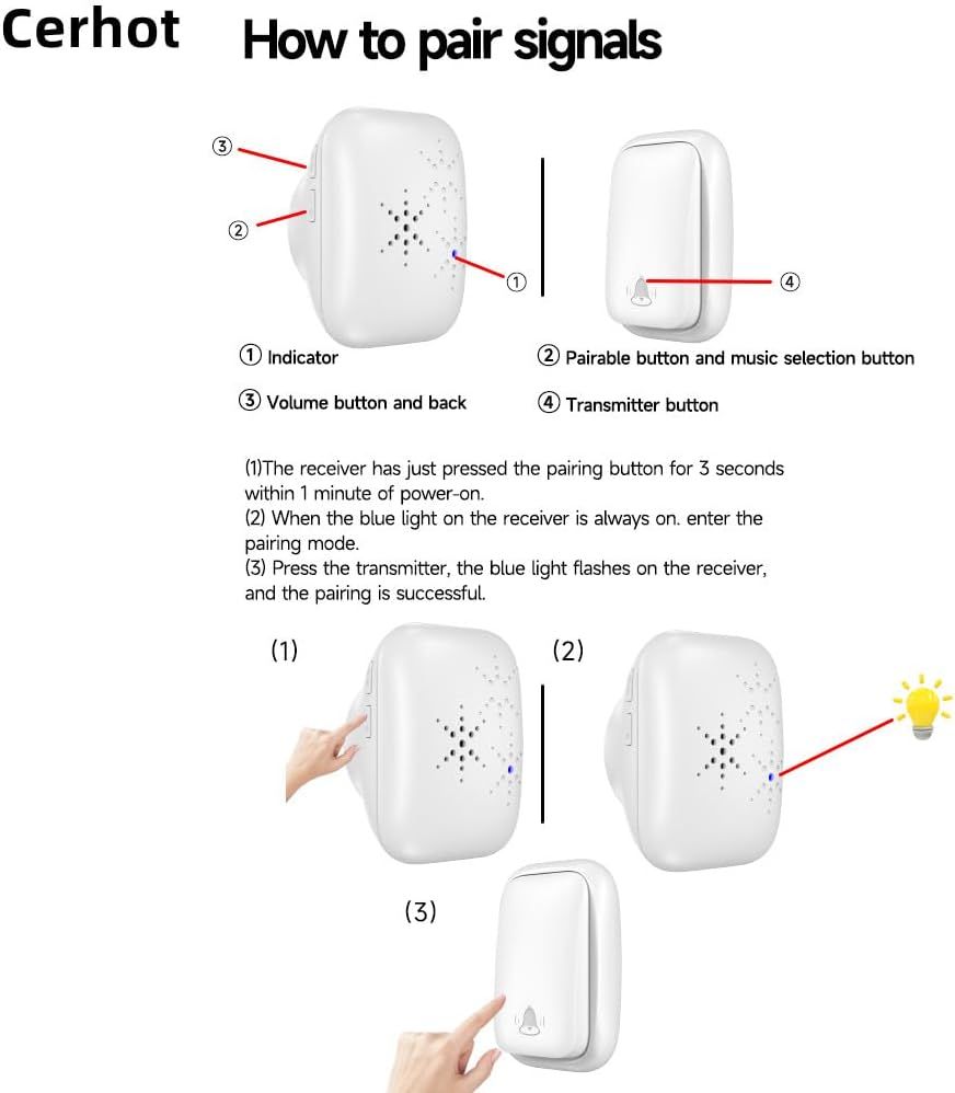 US Plug Self Powered Wireless Doorbell No Battery 100M Distance 38 Songs Door bell Button Outdoor Doorbell Wireless Waterproof for Home School Office (US White 1V1 A)