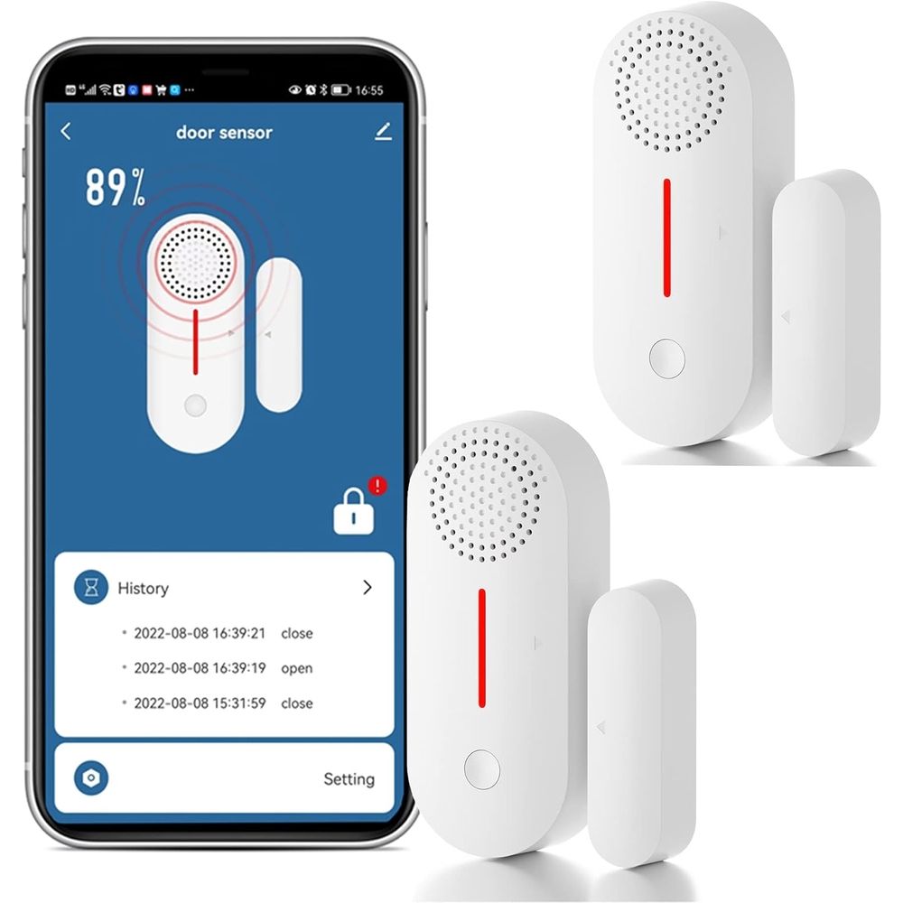 WiFi Smart Door Sensor, Wireless Door Window Sensor Alarm, Mini Contact Sensor for Home Security, Push Notification, Volume Adjustable, Timer, Compatible with Alexa/Google Assistant 2 Pack