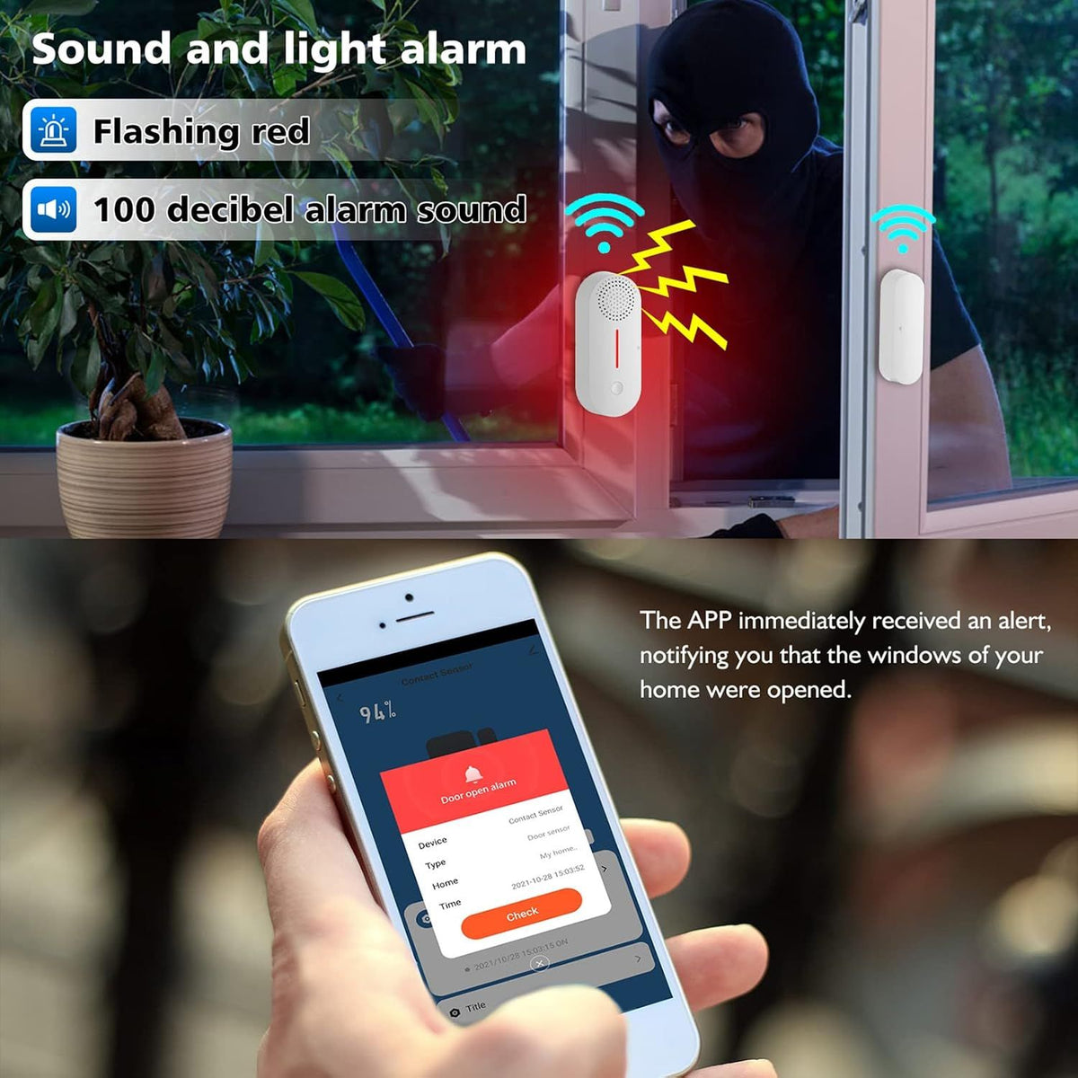 WiFi Smart Door Sensor, Wireless Door Window Sensor Alarm, Mini Contact Sensor for Home Security, Push Notification, Volume Adjustable, Timer, Compatible with Alexa/Google Assistant 2 Pack