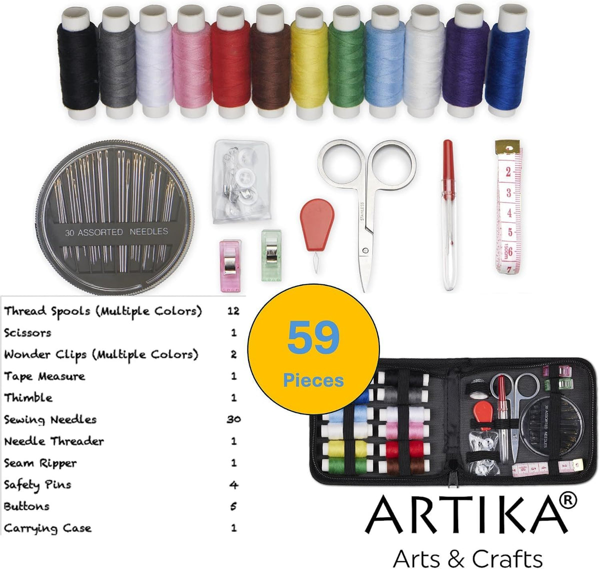 Travel Sewing Kit, 63-Piece Portable Kit for Travel, Includes Scissors, Thread, Tape Measure - Sewing Accessories and Supplies
