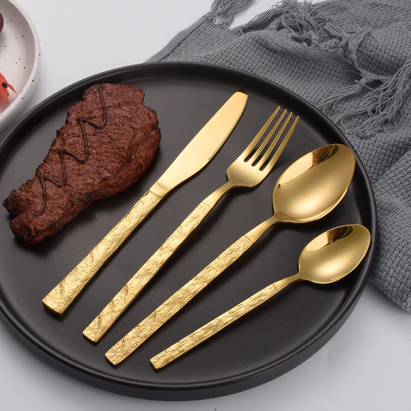4 PCS Flatware Set for 8 Gold Silverware Set Hammered Handle Dishwasher Safe Mirror Effect include Dinner Forks Spoons
