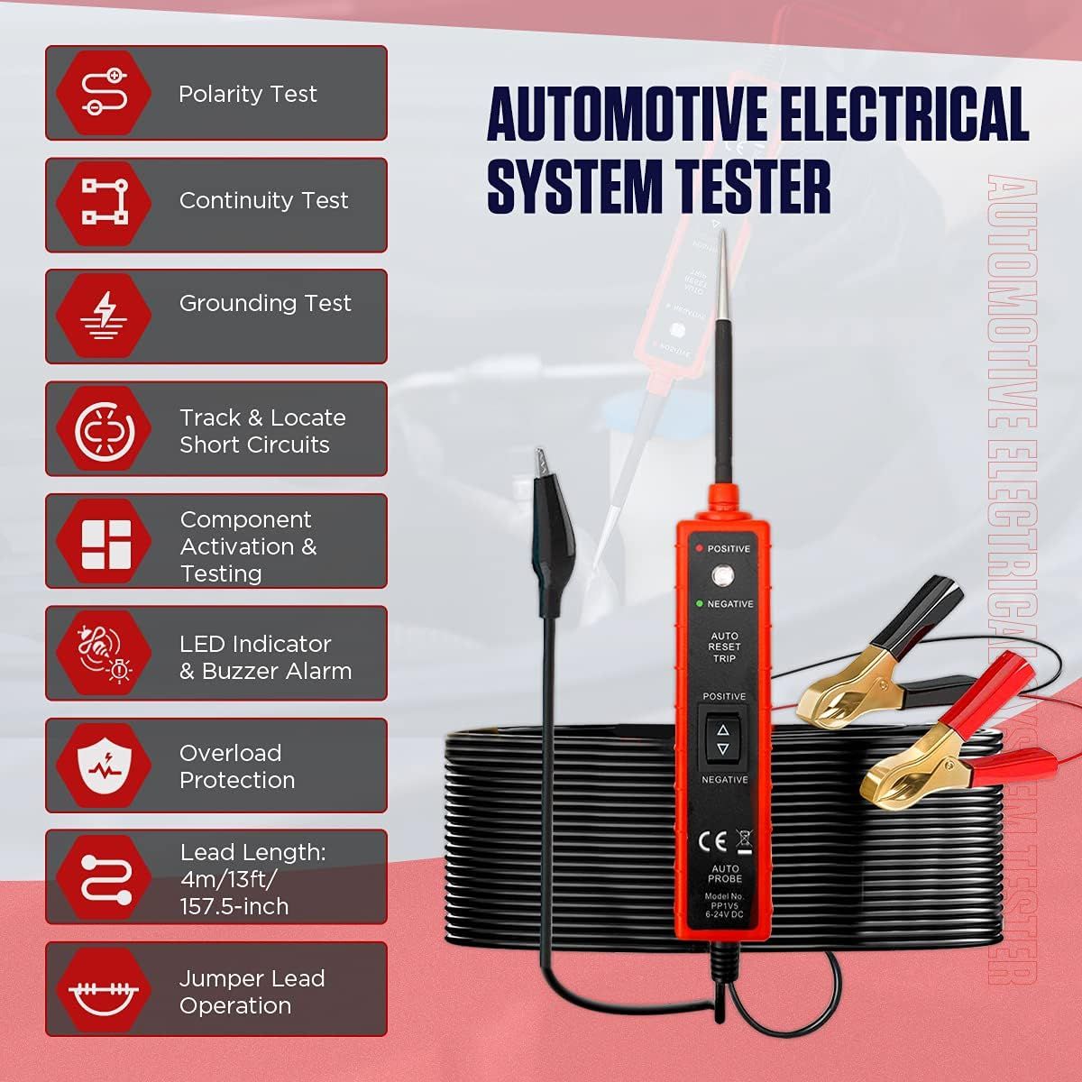 Test Light Automotive Power Circuit Probe Tester with 4M Test Lead 6-24V DC LED Light Tester Fuse Tester 6V 12V 24V Wire Circuit