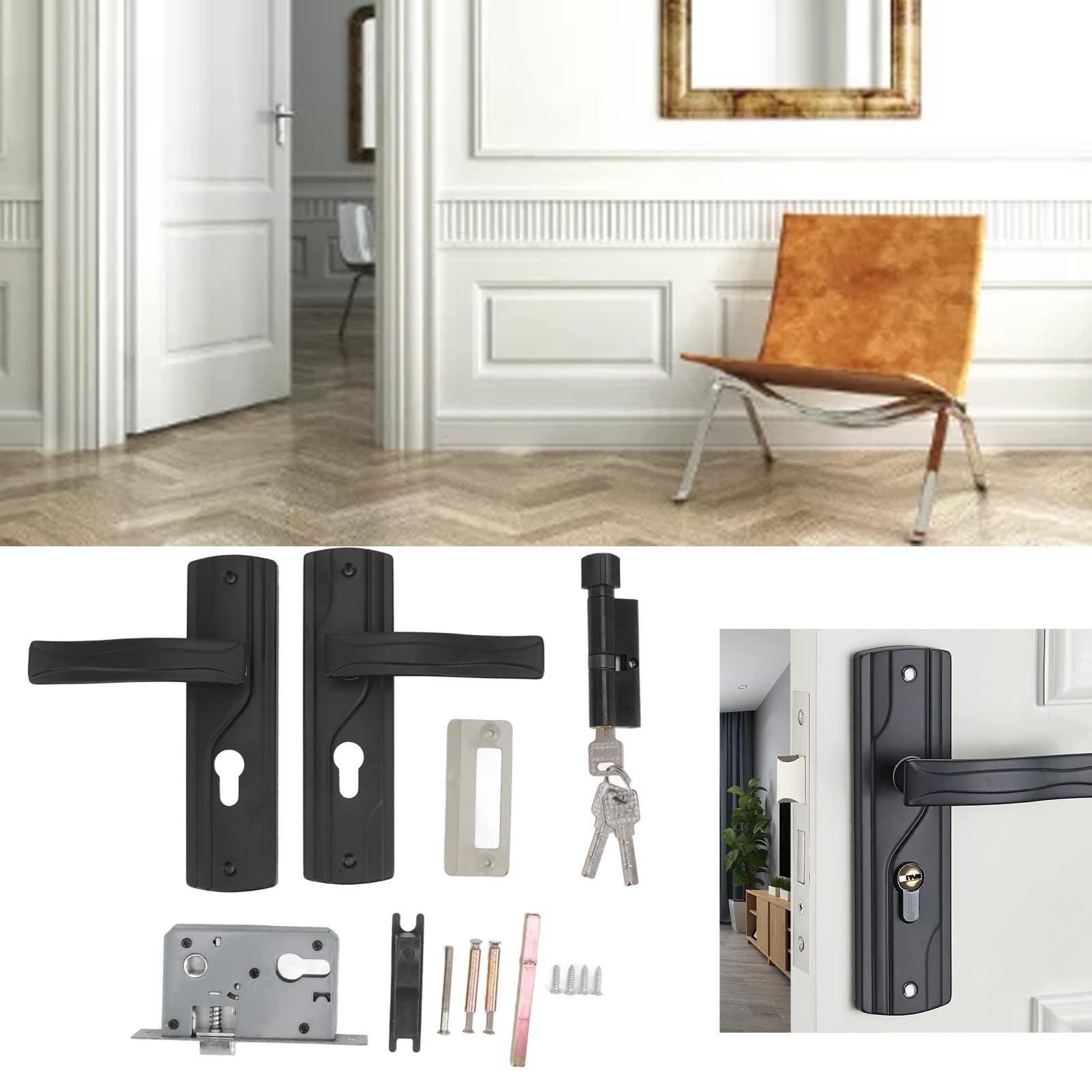 Door Handle Lock Black Front Door Lock Set with Keys Silent Bearing Lock Key Set for Universal Home Door (7x2x1.5inch)
