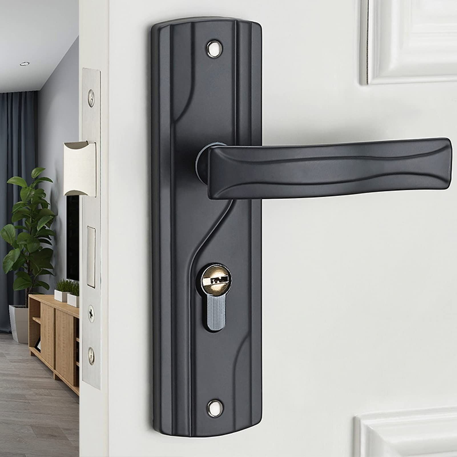 Door Handle Lock Black Front Door Lock Set with Keys Silent Bearing Lock Key Set for Universal Home Door (7x2x1.5inch)