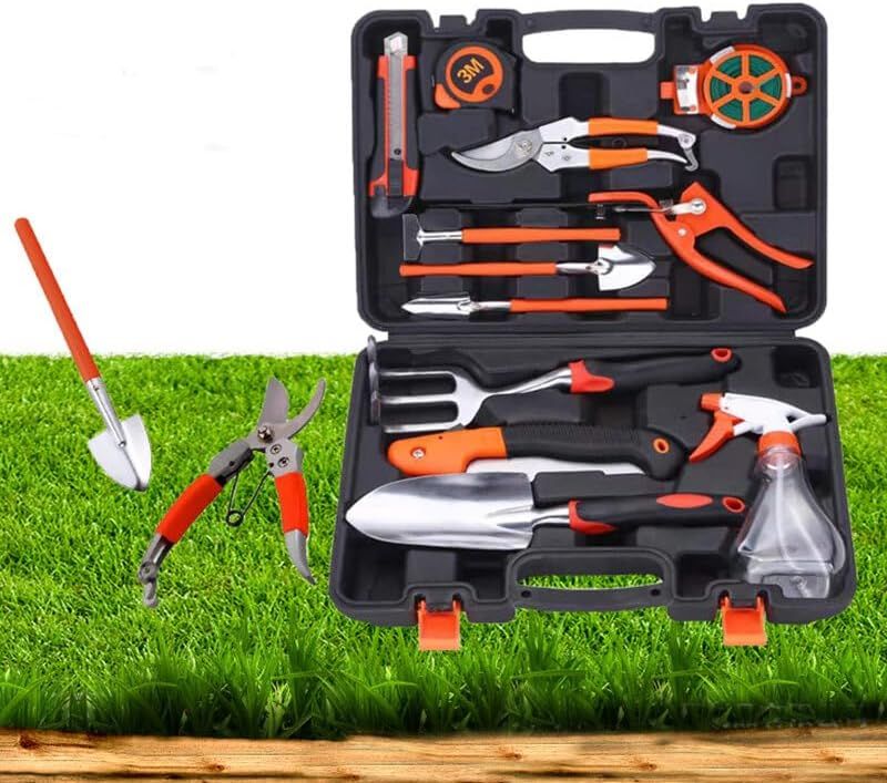 Garden Tools Set - 13 Pieces Heavy Duty Ergonomic Handle Gardening Tools with Carrying Case, Rake, Shovel, Sprayer, Pruning Saw