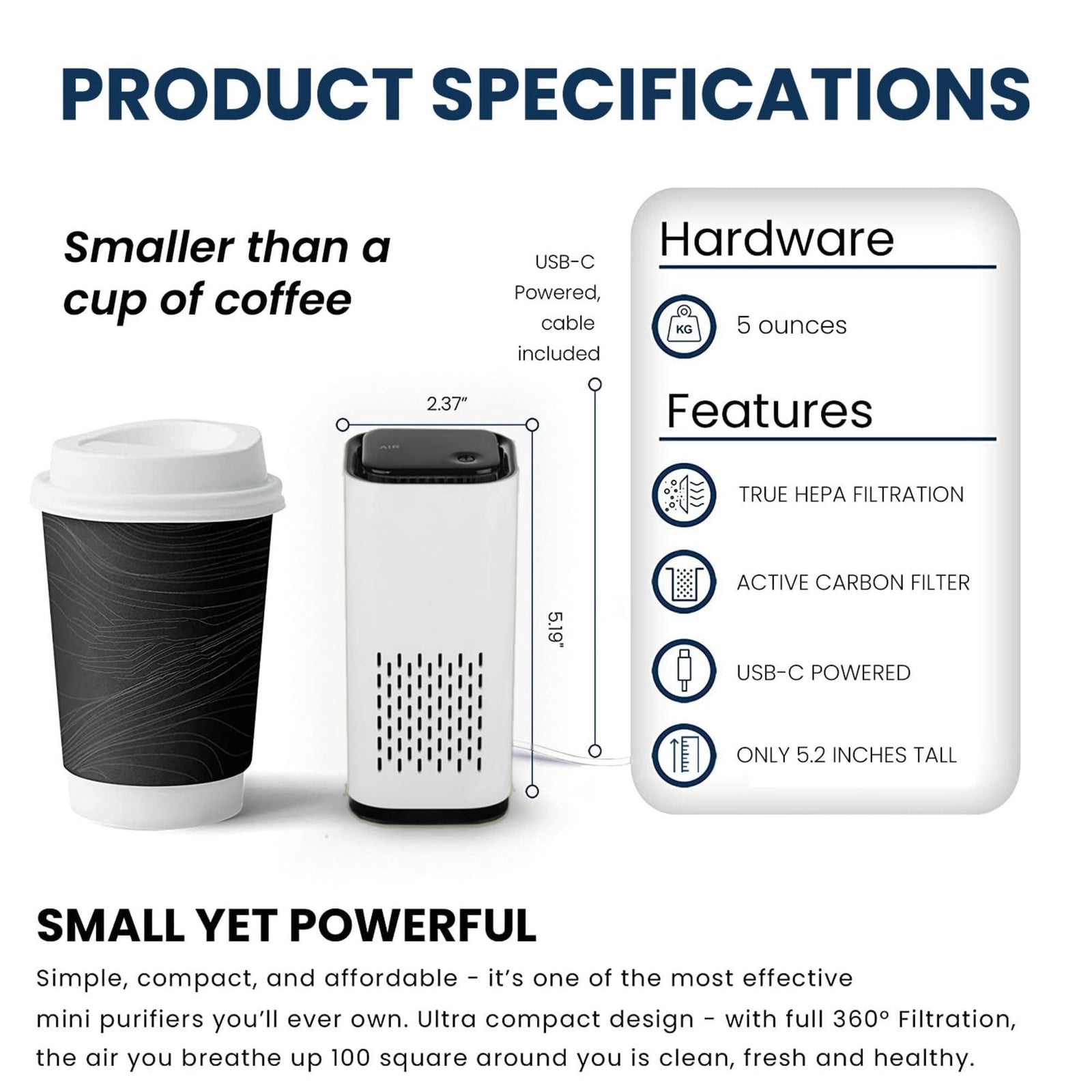 Mini  Powered Air Purifier. Ultra Portable (5.2in tall, 6.7 ounces), Ultra Quiet. for Travel, In-Car and Desktop (White)