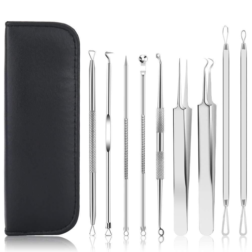 Pimple Popper Tool Kit, 9 PCS Blackhead Remover Tools with Tweezers, 16-Heads Professional Acne Zit Pimple Popper Extraction Tool