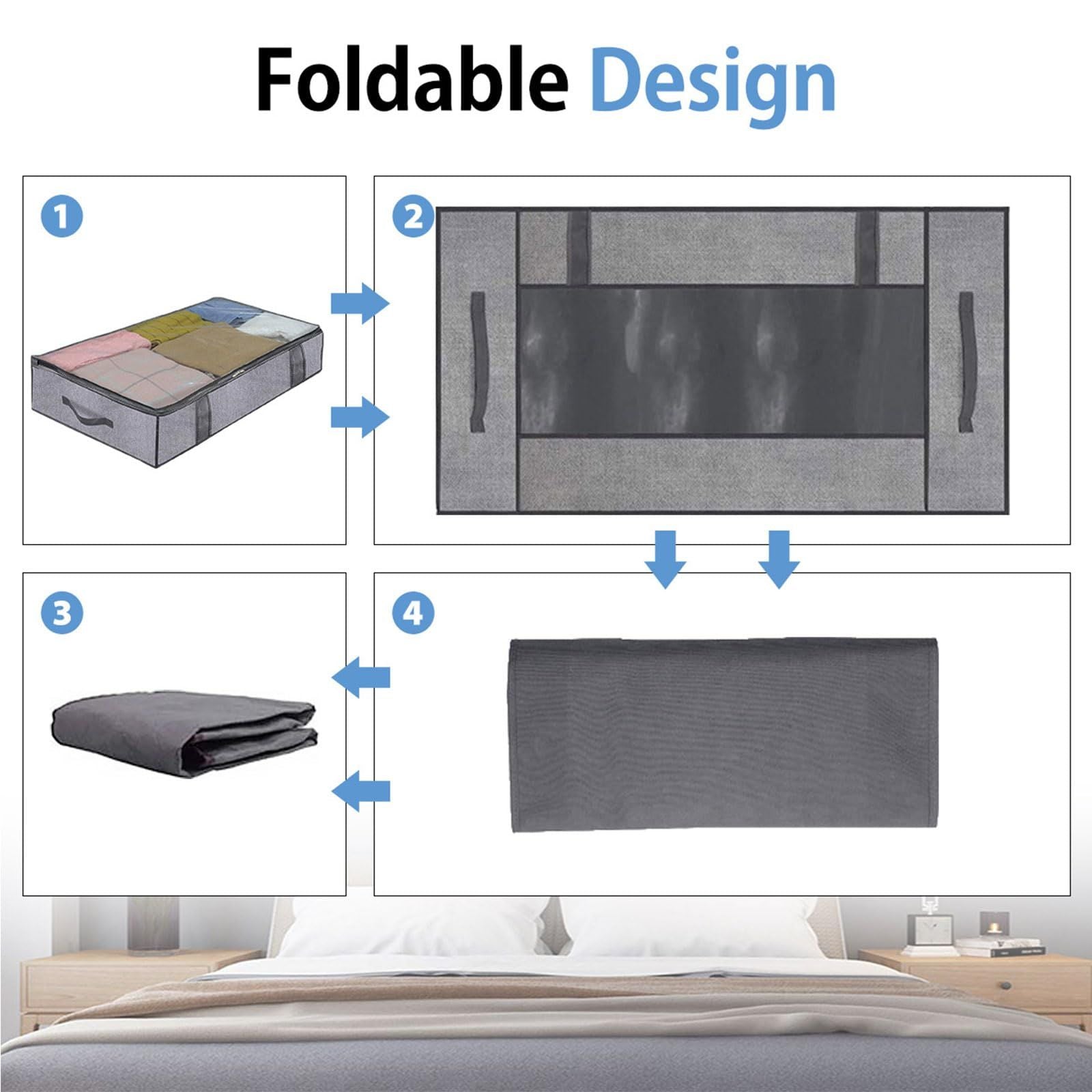 Foldable Underbed Bags 2 Pack - Blankets Clothes Comforters Storage Bag Breathable Zippered Organizer for Bedroom