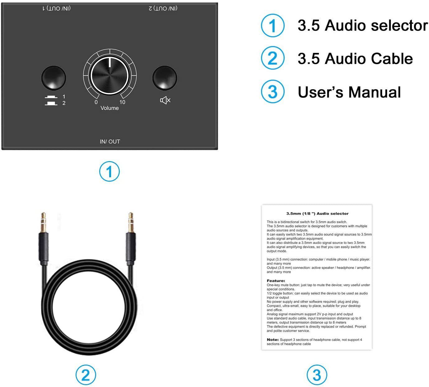 3.5mm Stereo Audio Switch Audio Switcher Passive Speaker Headphone Manual Selector Splitter Box Audio Sharing