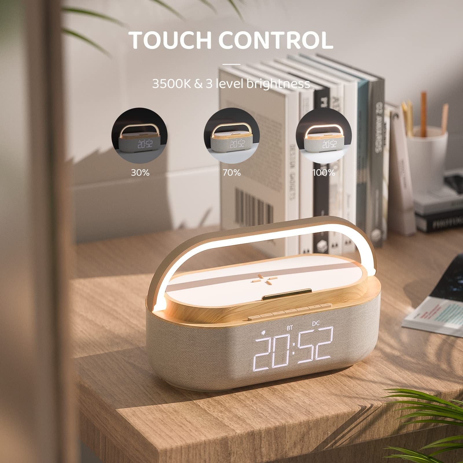 Bluetooth Speaker Alarm Clock with Wireless Charger, LED Night Light, 1800mAh Battery - For Bedroom, Home