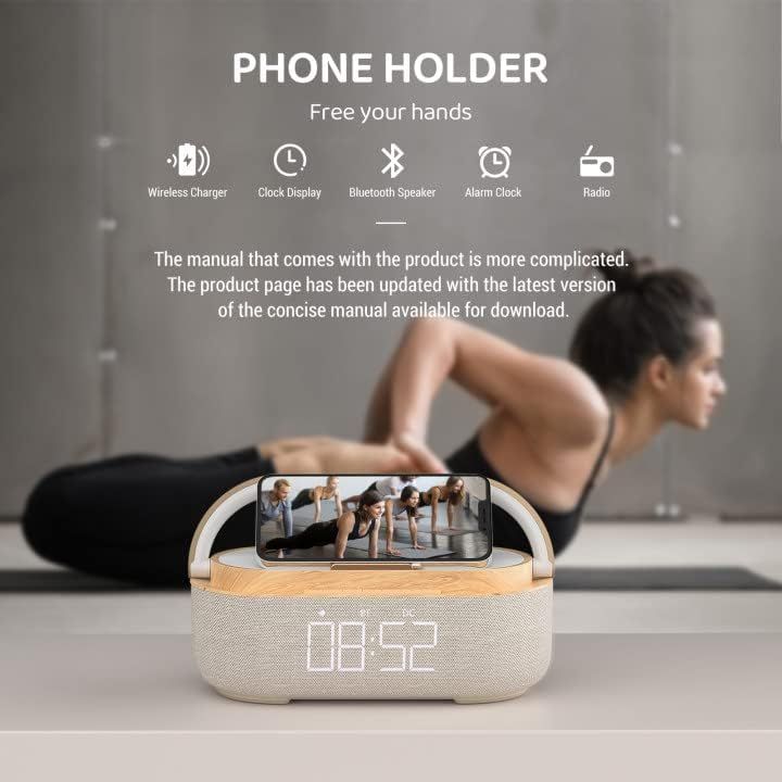 Bluetooth Speaker Alarm Clock with Wireless Charger, LED Night Light, 1800mAh Battery - For Bedroom, Home