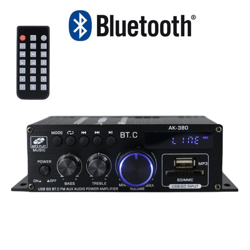 Audio Power Amplifier Stereo Speaker BluetoothAmp Receiver with Power Supply,Remote Control,FM Antenna for Car Home Bar Party