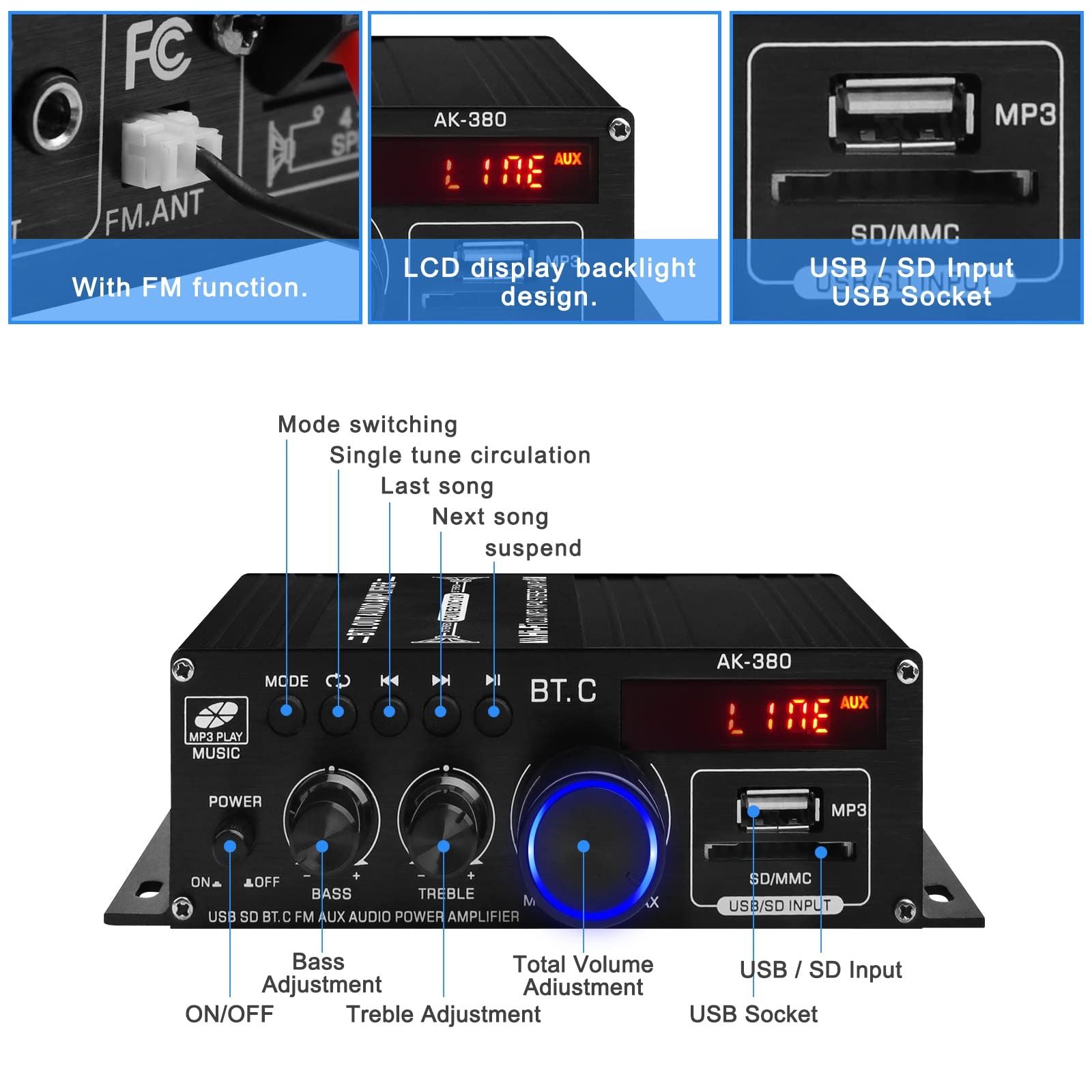 Audio Power Amplifier Stereo Speaker BluetoothAmp Receiver with Power Supply,Remote Control,FM Antenna for Car Home Bar Party