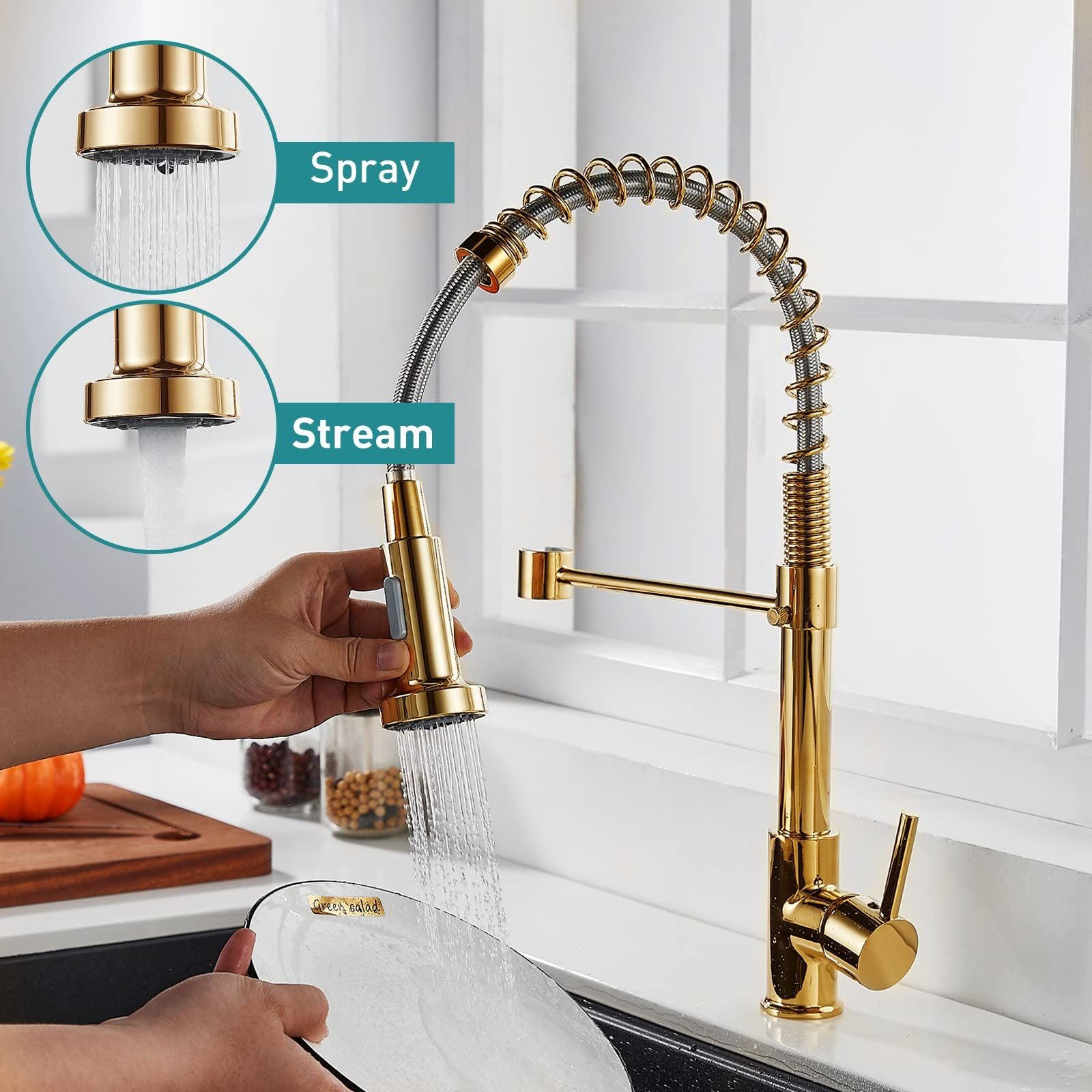 Polished Gold Kitchen Faucet with Pull Down Sprayer,Single Handle Spring Single Hole Faucet for Kitchen Sink