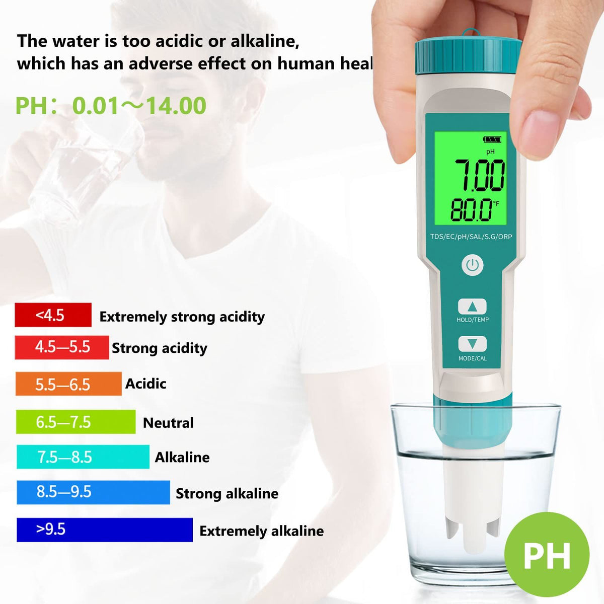 7 in 1 Salinity/Temp Meter0.01 Resolution High Accuracy Water Tester,  for Water Household Drinking, Swimming Pool