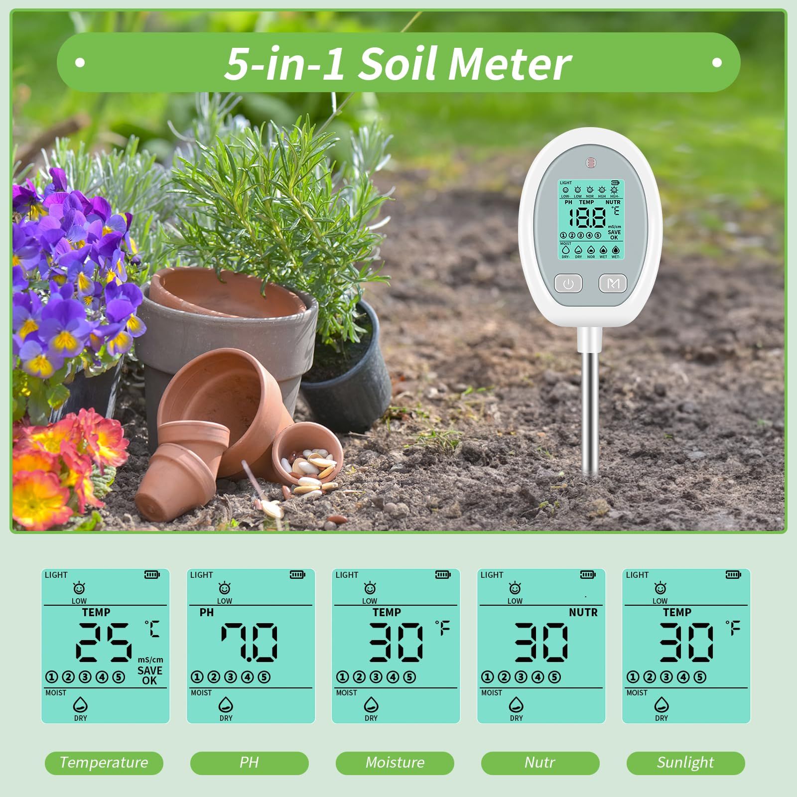 Record keeping of land soil pH tester, 5-in-1 soil temperature, sunlight care, flower pot garden farm lawn