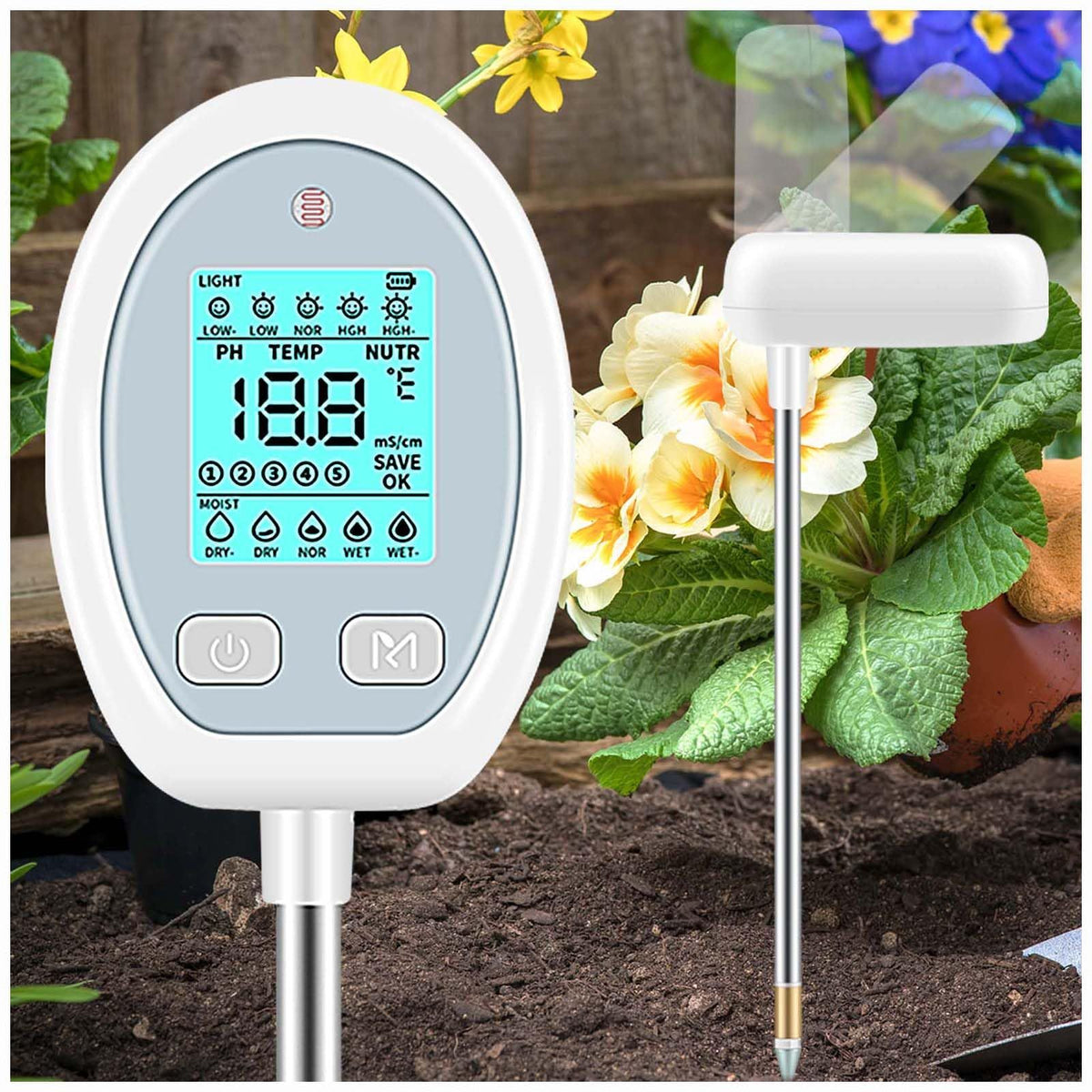 Record keeping of land soil pH tester, 5-in-1 soil temperature, sunlight care, flower pot garden farm lawn