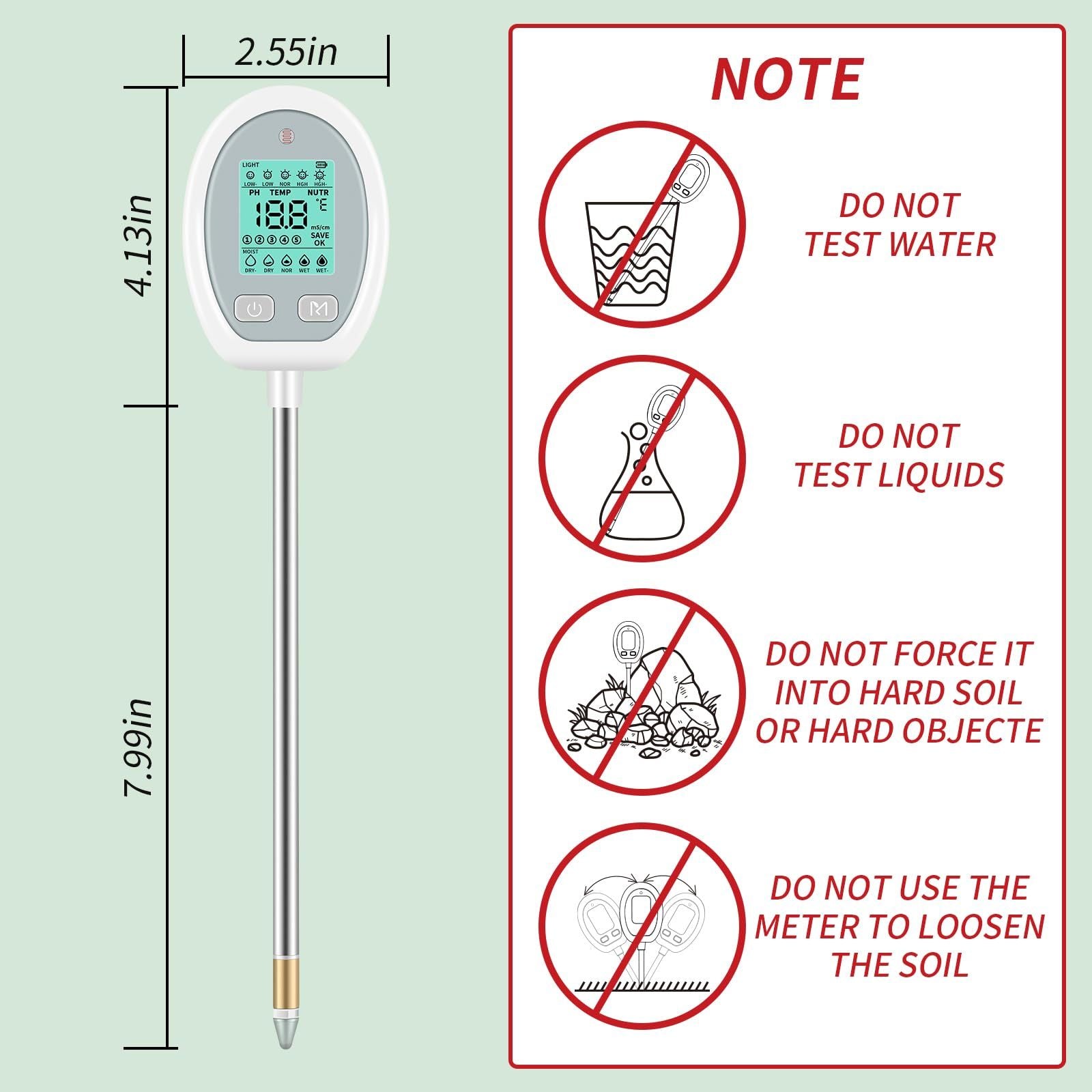 Record keeping of land soil pH tester, 5-in-1 soil temperature, sunlight care, flower pot garden farm lawn