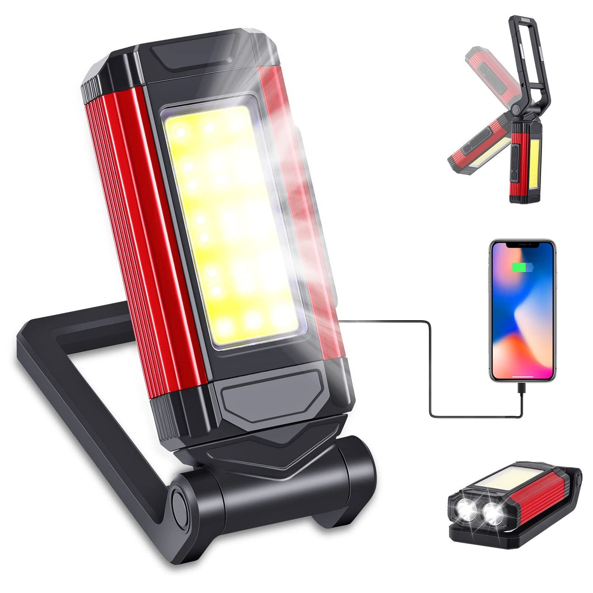 LED Magnetic Torch, Portable Foldable Flashlight Inspection Lamp Rechargeable Work Light, 360° Rotating Hook and 270° Folding