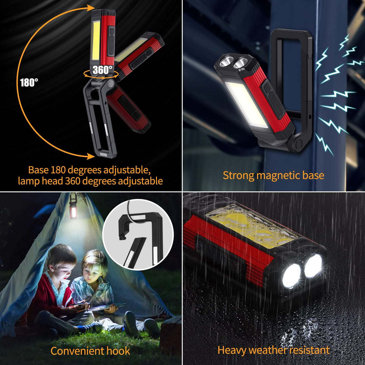LED Magnetic Torch, Portable Foldable Flashlight Inspection Lamp Rechargeable Work Light, 360° Rotating Hook and 270° Folding