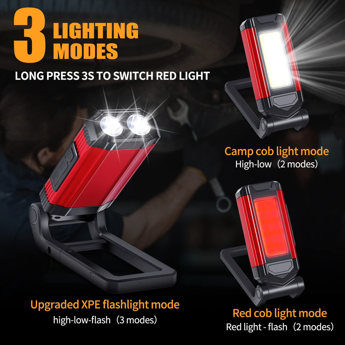 LED Magnetic Torch, Portable Foldable Flashlight Inspection Lamp Rechargeable Work Light, 360° Rotating Hook and 270° Folding