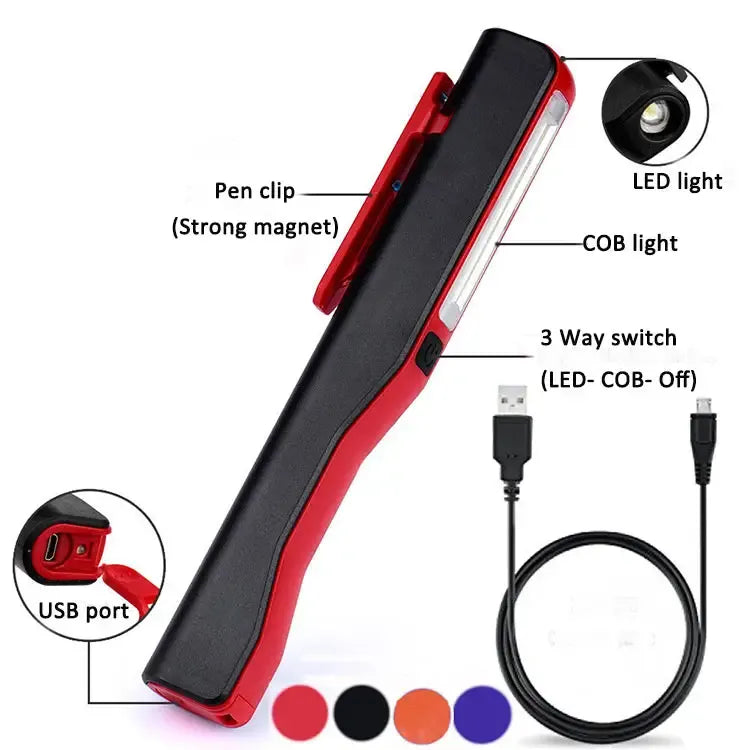 LED flashlight inspection light rechargeable work light COB LED flashlight with magnetic clip for household workshop flashlight