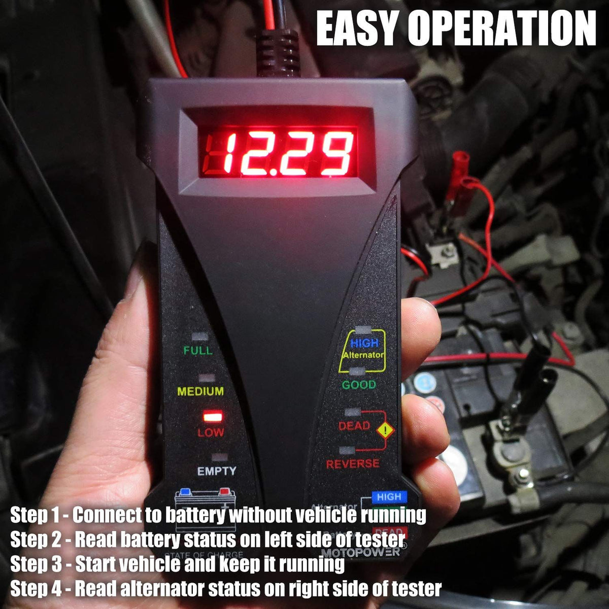 12V Digital Battery Tester Voltmeter and Alternator Charging System Analyzer with LCD Display and LED Indication