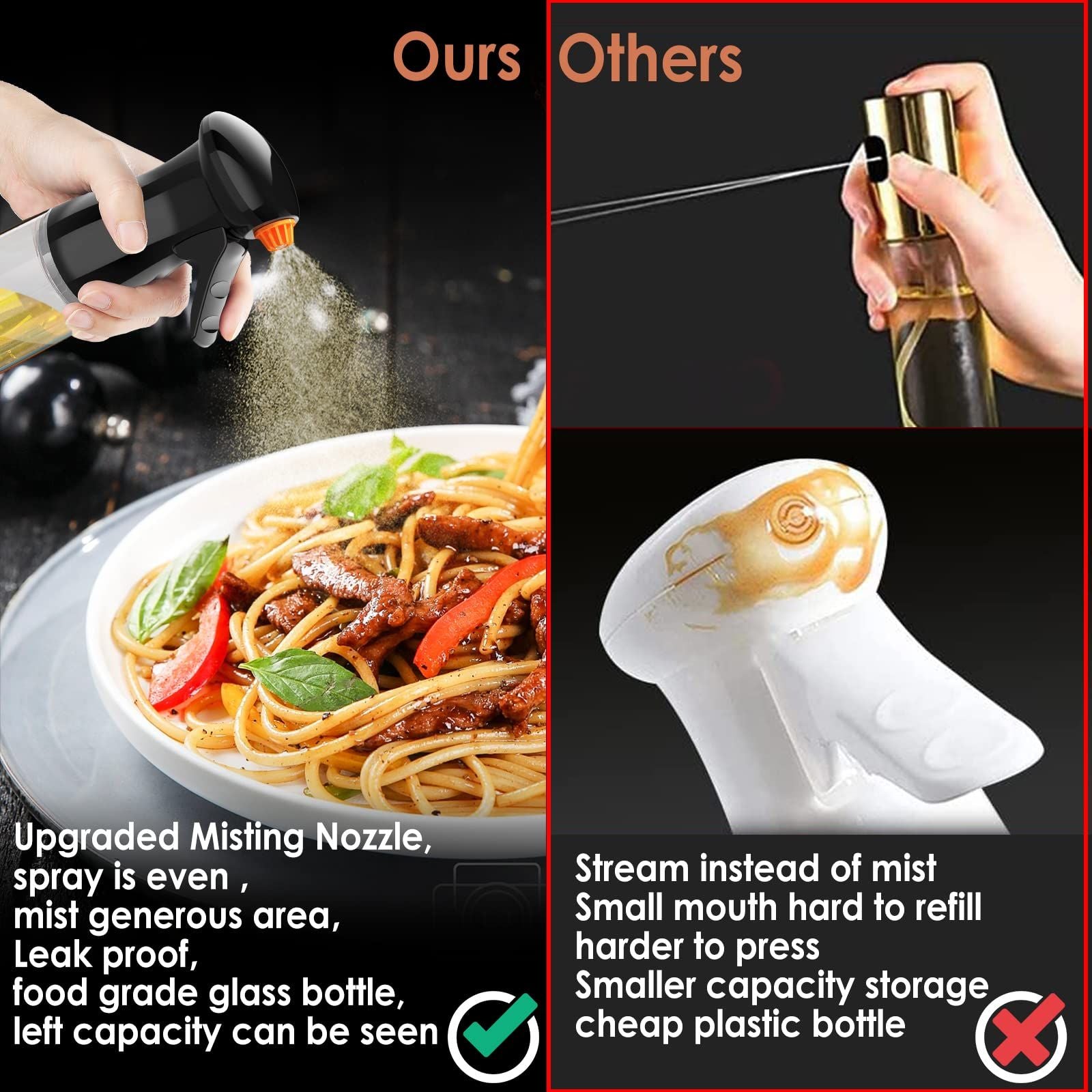 Olive Oil Dispenser with Brush & Replaceable Nozzles, Oil Bottle Oil Sprayer for Cooking Air Fryer, Kitchen, Salad, BBQ, Frying