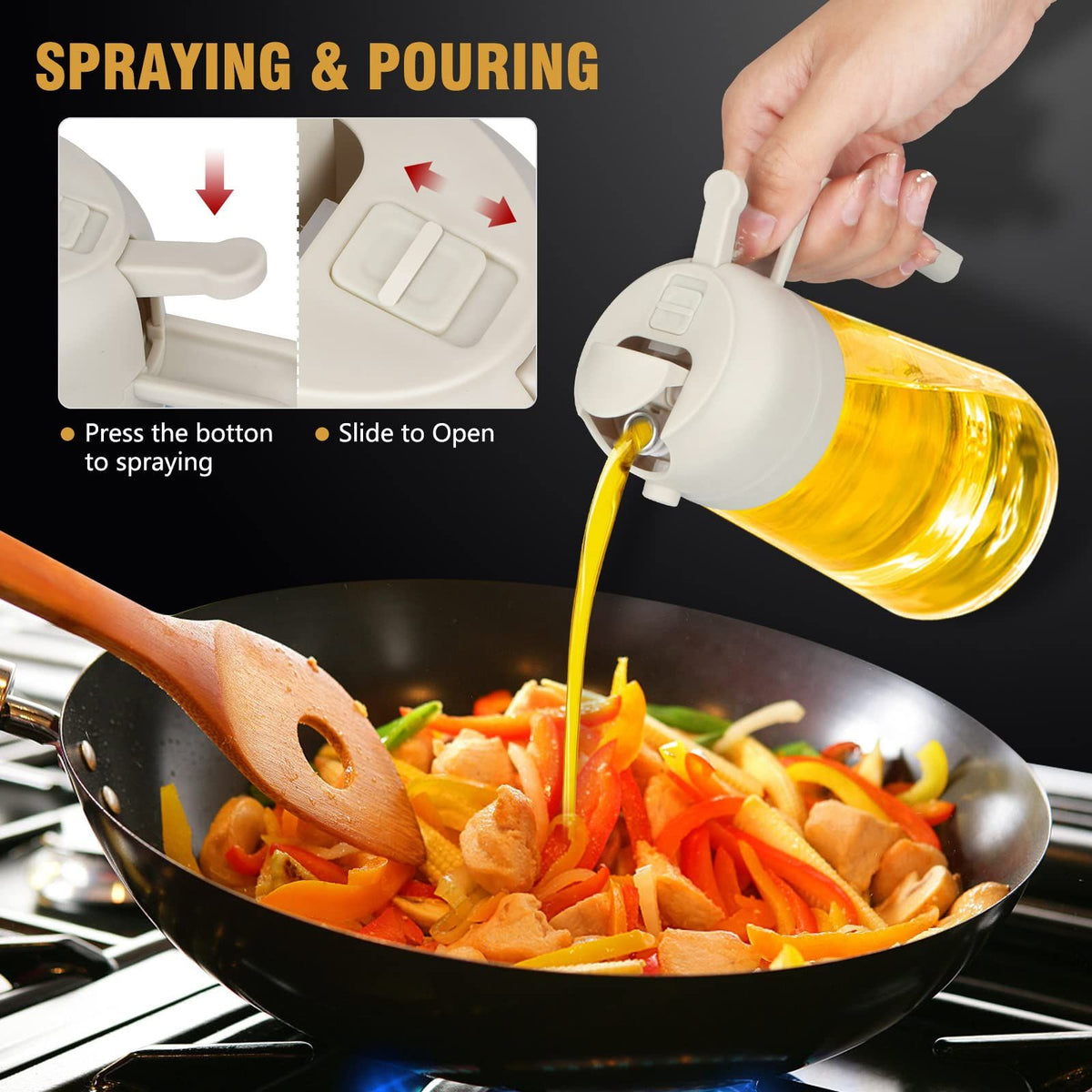 Oil Dispenser and Vinegar Sprayer with 3 Replaceable Nozzle 19.4oz/550ml Glass Cooking Oil Preparation Dispensers