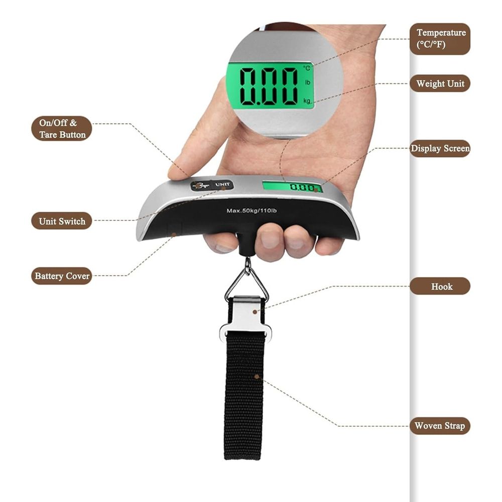 Portable Digital Luggage Scale Accurate Weighing, 110lbs Capacity Hanging Baggage Scale with Backlit LCD Display & 2-Unit Switching, Non-Slip Hook and Strong Straps
