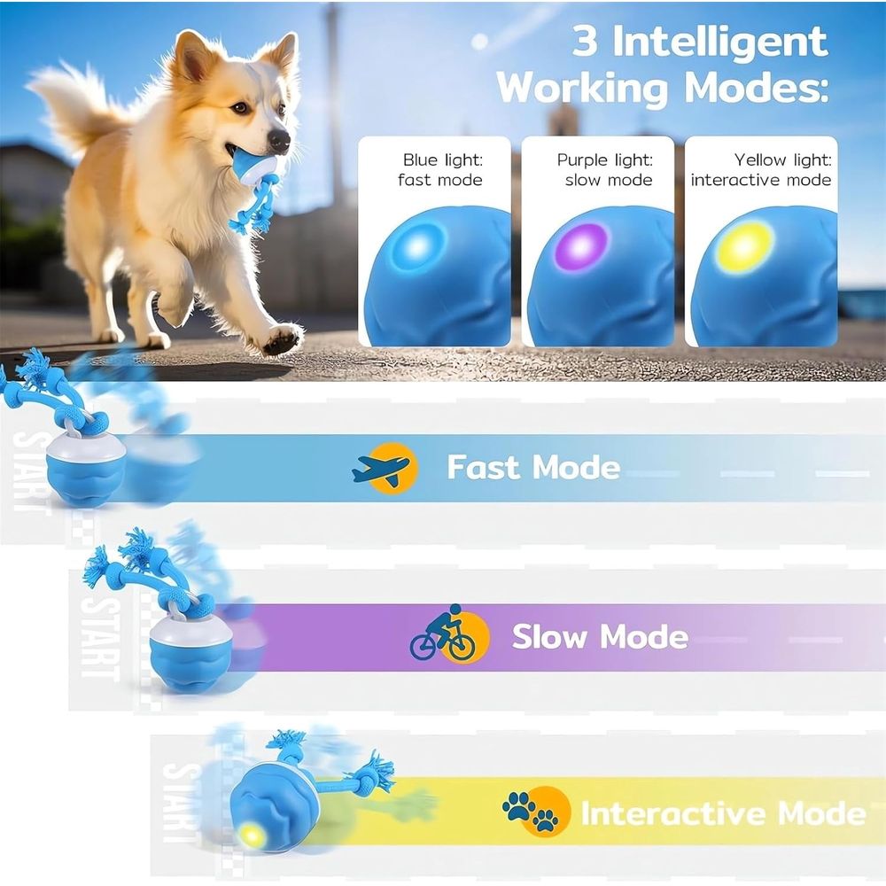 Interactive Smart Pet Puppy Ball with Ropes, Automatic Motion Activated Rolling Ball for Medium Large Dogs, USB Rechargeable Boredom Stimulating Toy