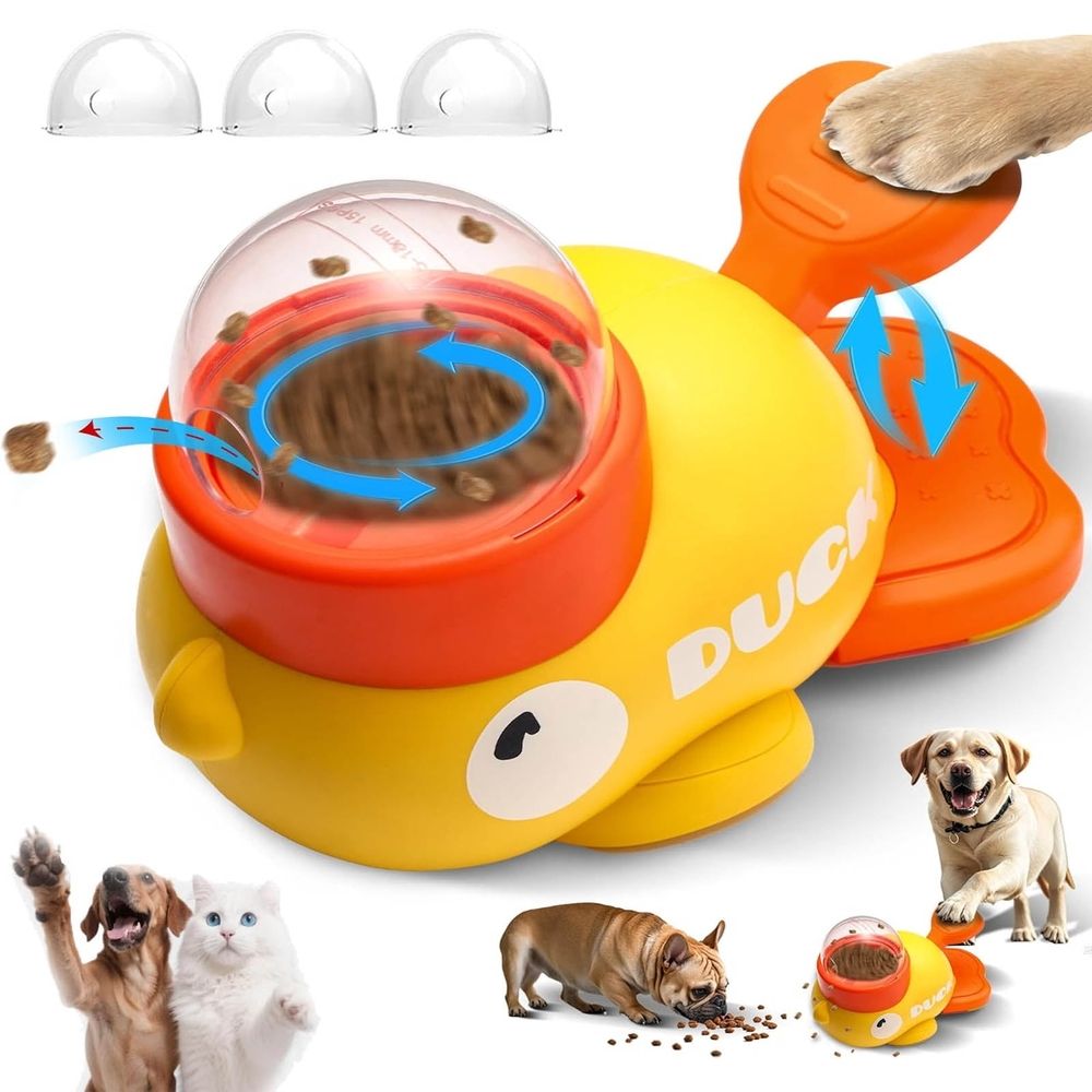 Duck Cat Treat Dispenser, Anti-Slip Interactive Slow Feeder Toy with 3 Challenge Lids for IQ Training and Mental Enrichment, Healthy Eating