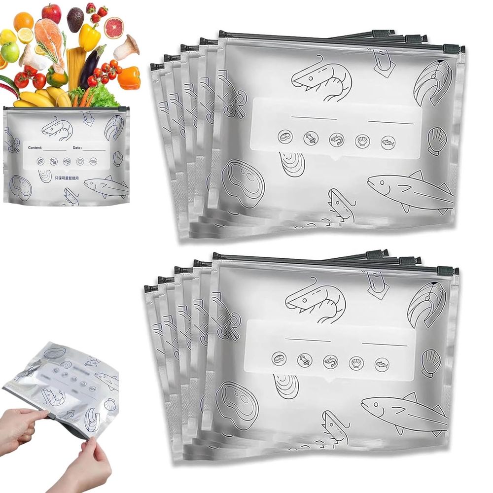 Reusable Aluminum Foil Storage Bags, Stand Up Zipper Sealable Bags with Label for Food Preservation, Meal Prep, Kitchen Organization