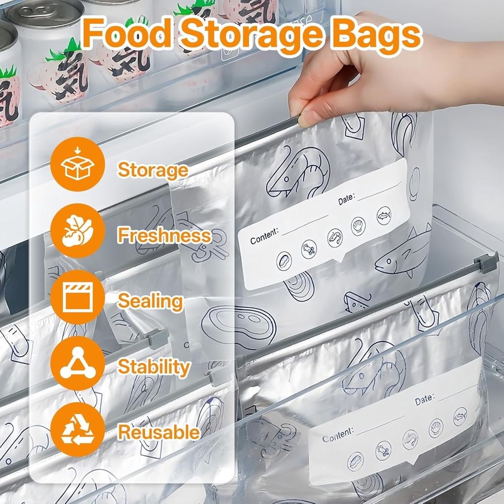 Reusable Aluminum Foil Storage Bags, Stand Up Zipper Sealable Bags with Label for Food Preservation, Meal Prep, Kitchen Organization