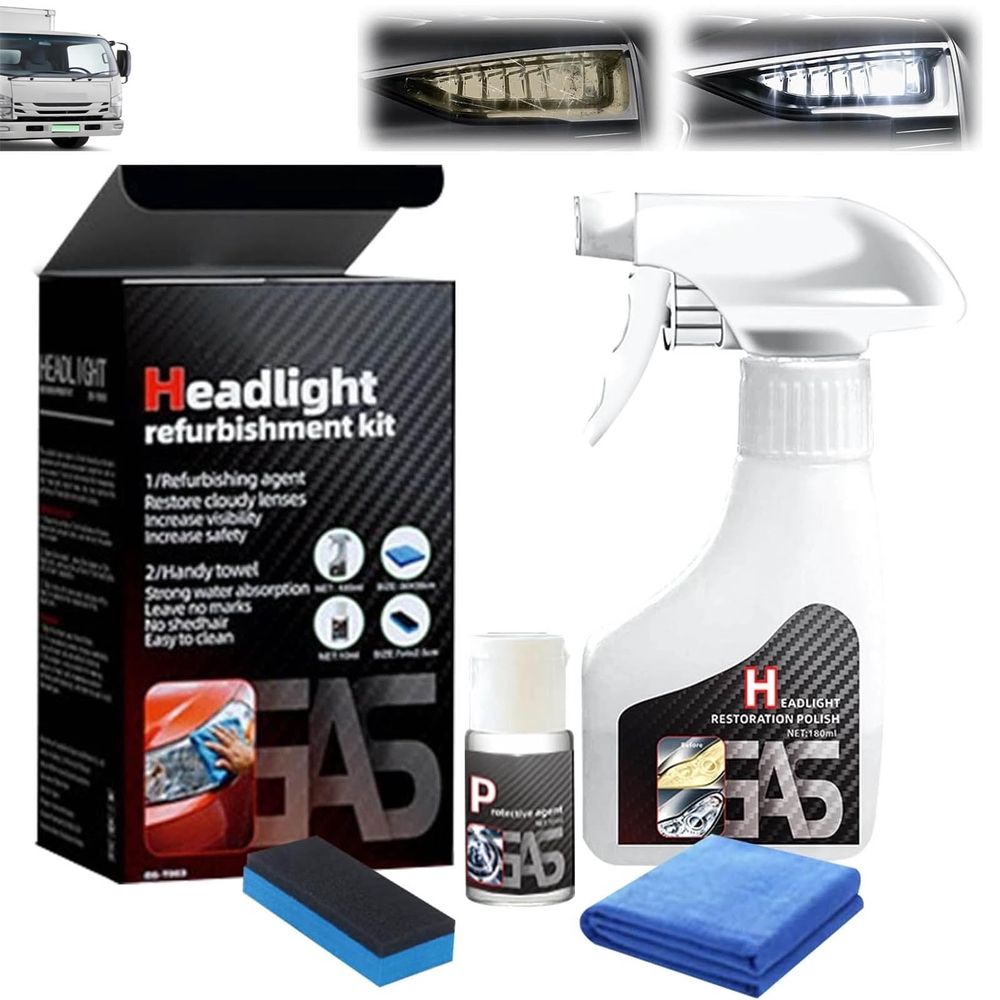 New Headlight Restoration Spray, 6oz Ceramic Coating Restorer with Coating Agent, Towel and Sponge, Kit Removes Oxidation & Yellowing