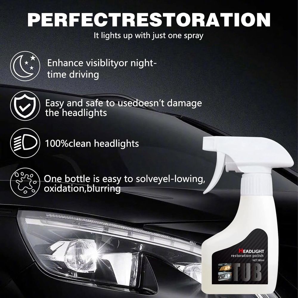 New Headlight Restoration Spray, 6oz Ceramic Coating Restorer with Coating Agent, Towel and Sponge, Kit Removes Oxidation & Yellowing