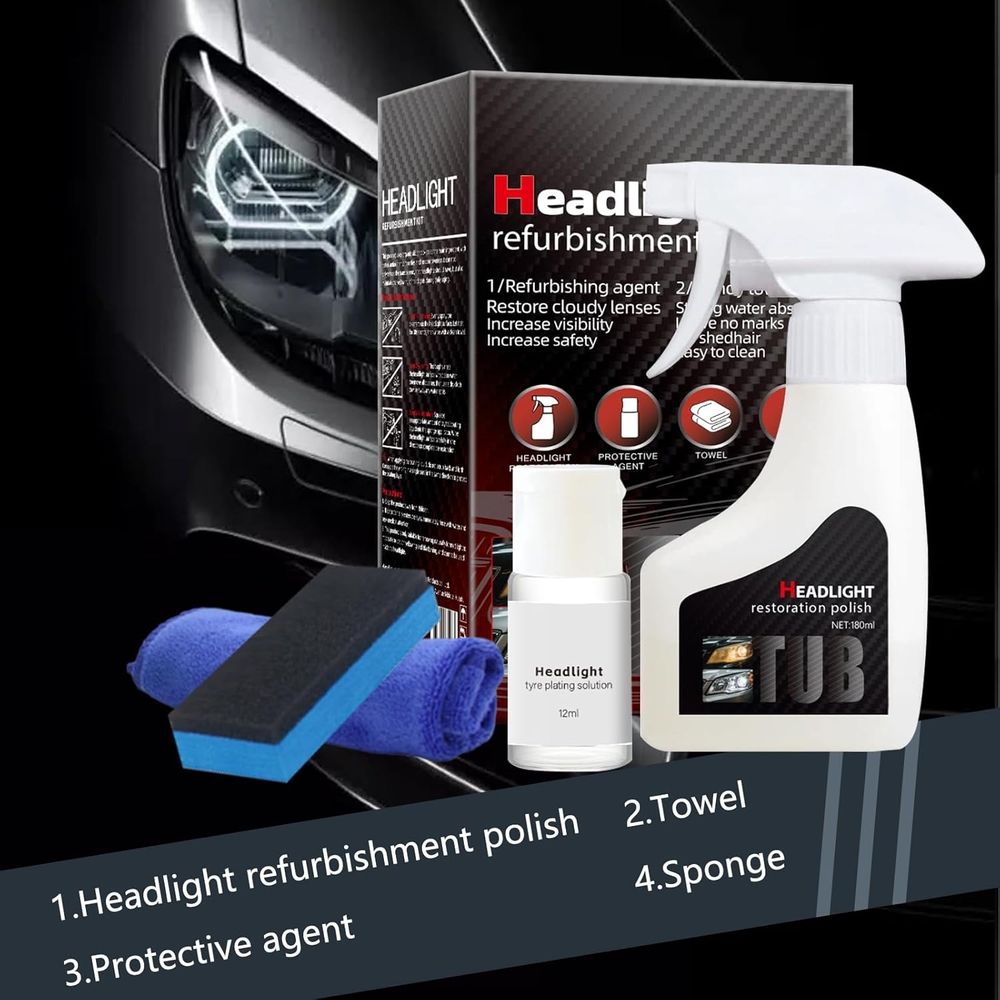 New Headlight Restoration Spray, 6oz Ceramic Coating Restorer with Coating Agent, Towel and Sponge, Kit Removes Oxidation & Yellowing