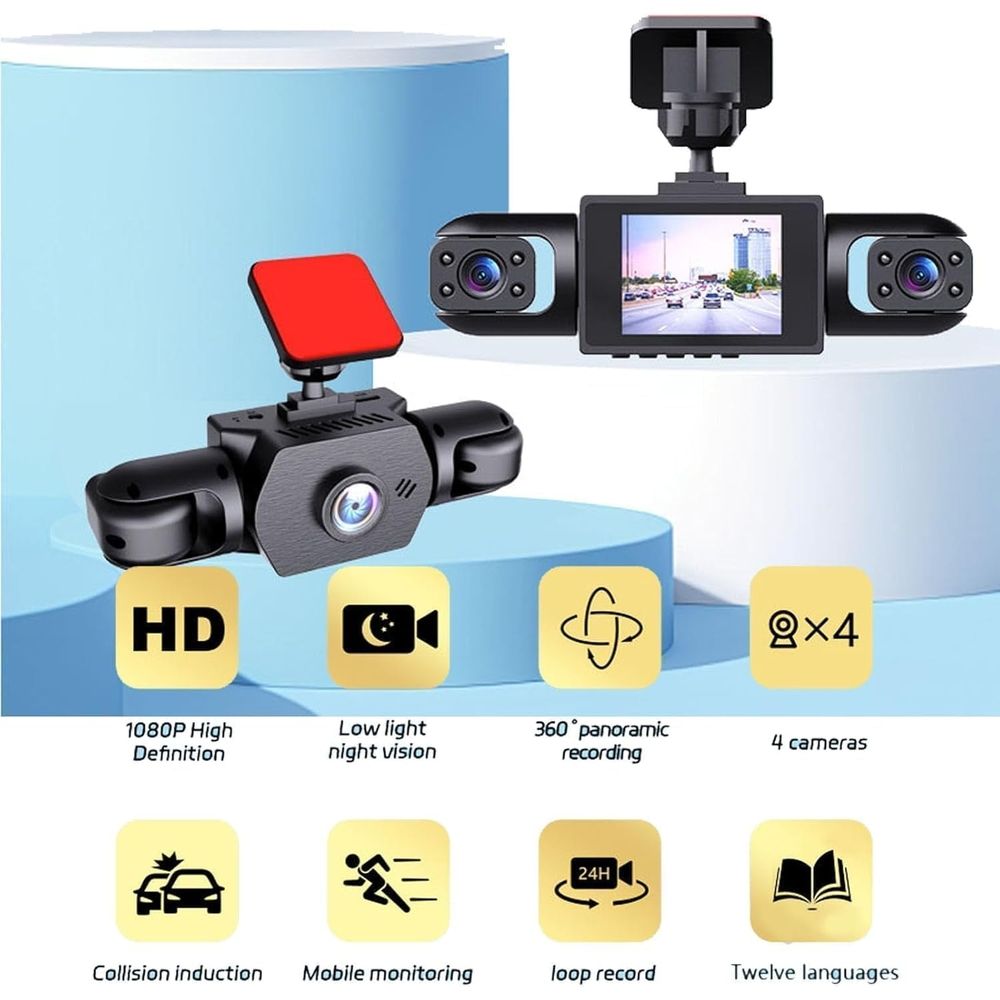 New Four-Record Monitoring Driving Recorder, 360° Full View Car 4 Channel Dashcam System, 1080P HD with Infrared Lamps Night Vision, Parking Mode, Loop Recording, 64 128GB Card