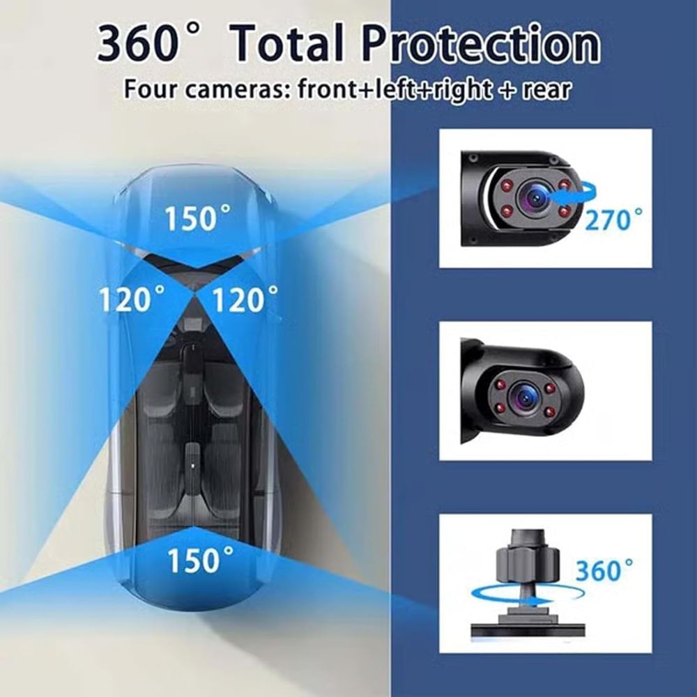 New Four-Record Monitoring Driving Recorder, 360° Full View Car 4 Channel Dashcam System, 1080P HD with Infrared Lamps Night Vision, Parking Mode, Loop Recording, 64 128GB Card