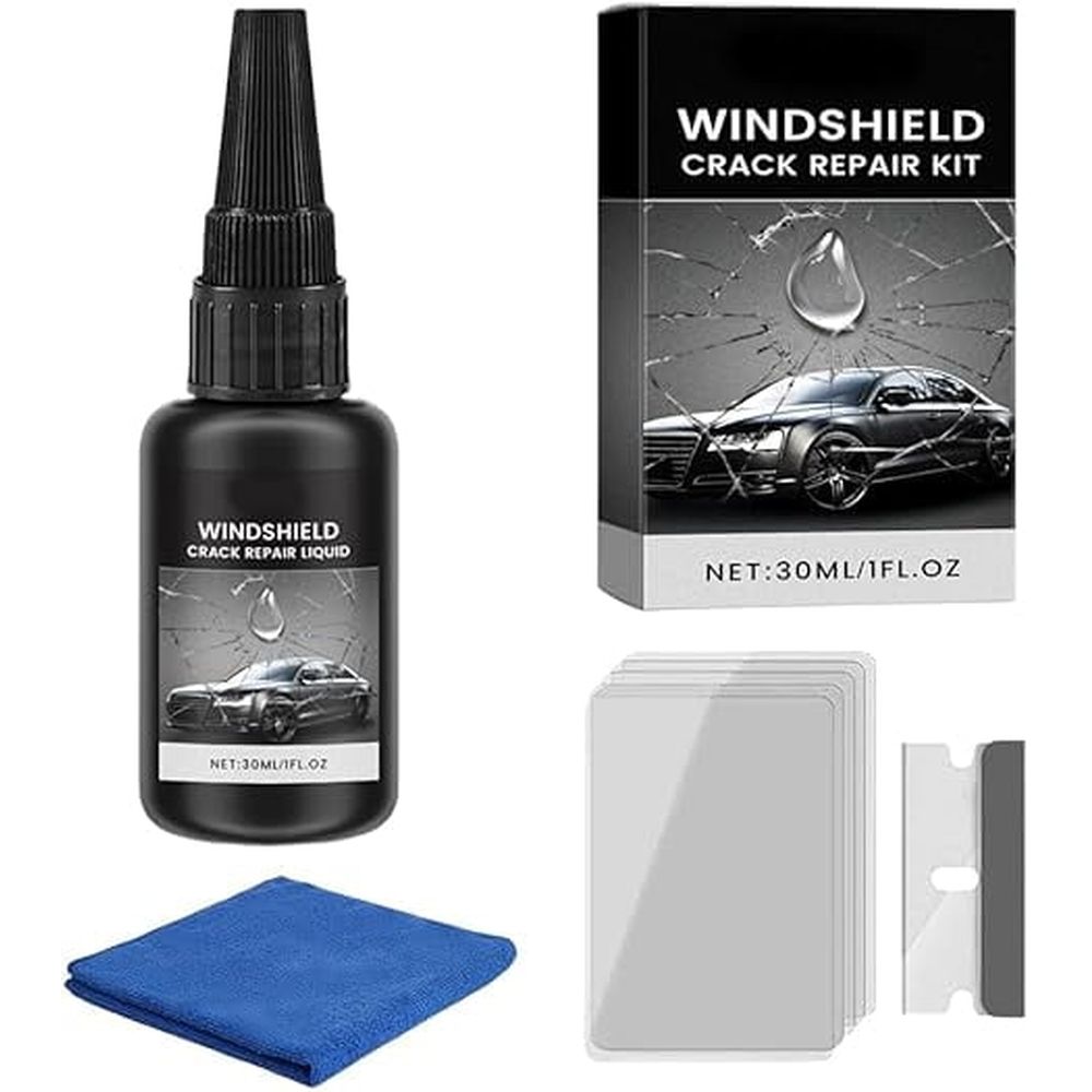 Windshield Crack Repair Kit,  New Advanced Formula Quick Fix with 30ml Glass Repair Liquid 1 Towel 1 Blade 5 Curing Films, Universal Cracks Gone Glass Repair Kit
