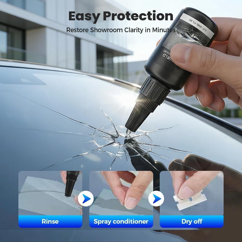 Windshield Crack Repair Kit,  New Advanced Formula Quick Fix with 30ml Glass Repair Liquid 1 Towel 1 Blade 5 Curing Films, Universal Cracks Gone Glass Repair Kit