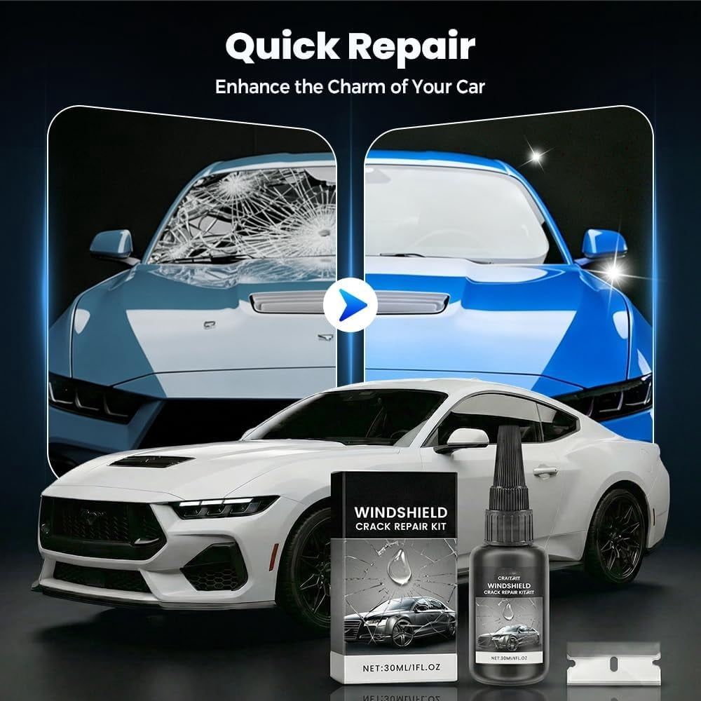 Windshield Crack Repair Kit,  New Advanced Formula Quick Fix with 30ml Glass Repair Liquid 1 Towel 1 Blade 5 Curing Films, Universal Cracks Gone Glass Repair Kit