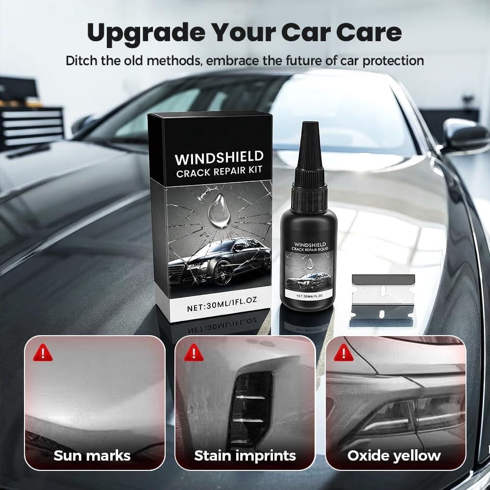 Windshield Crack Repair Kit,  New Advanced Formula Quick Fix with 30ml Glass Repair Liquid 1 Towel 1 Blade 5 Curing Films, Universal Cracks Gone Glass Repair Kit