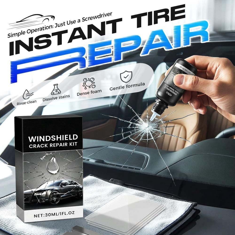 Windshield Crack Repair Kit,  New Advanced Formula Quick Fix with 30ml Glass Repair Liquid 1 Towel 1 Blade 5 Curing Films, Universal Cracks Gone Glass Repair Kit